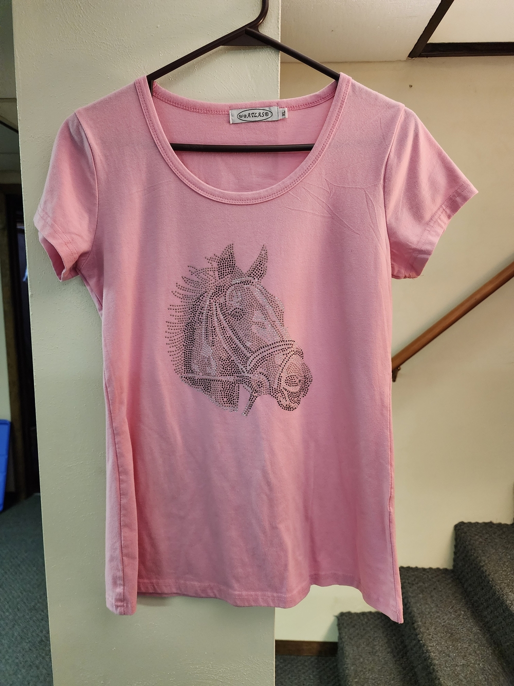 WB Atlas Womens Xl Pink Horse Rhinestone Tee -